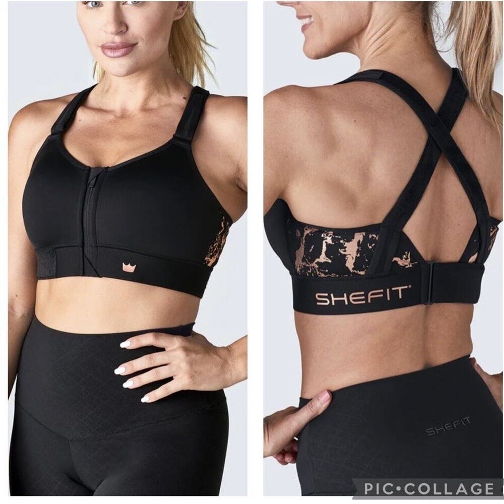 SheFit Flex Sports Bra Medium Impact Black Rose Gold NEW Size 6Luxe